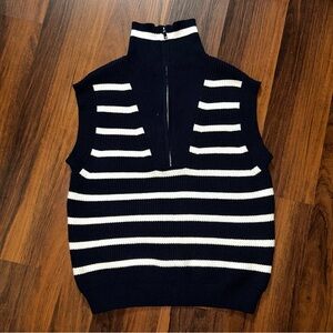 Rain Navy White Striped Rib Knit Half Zip Sweater Vest Size M Preppy Coastal
